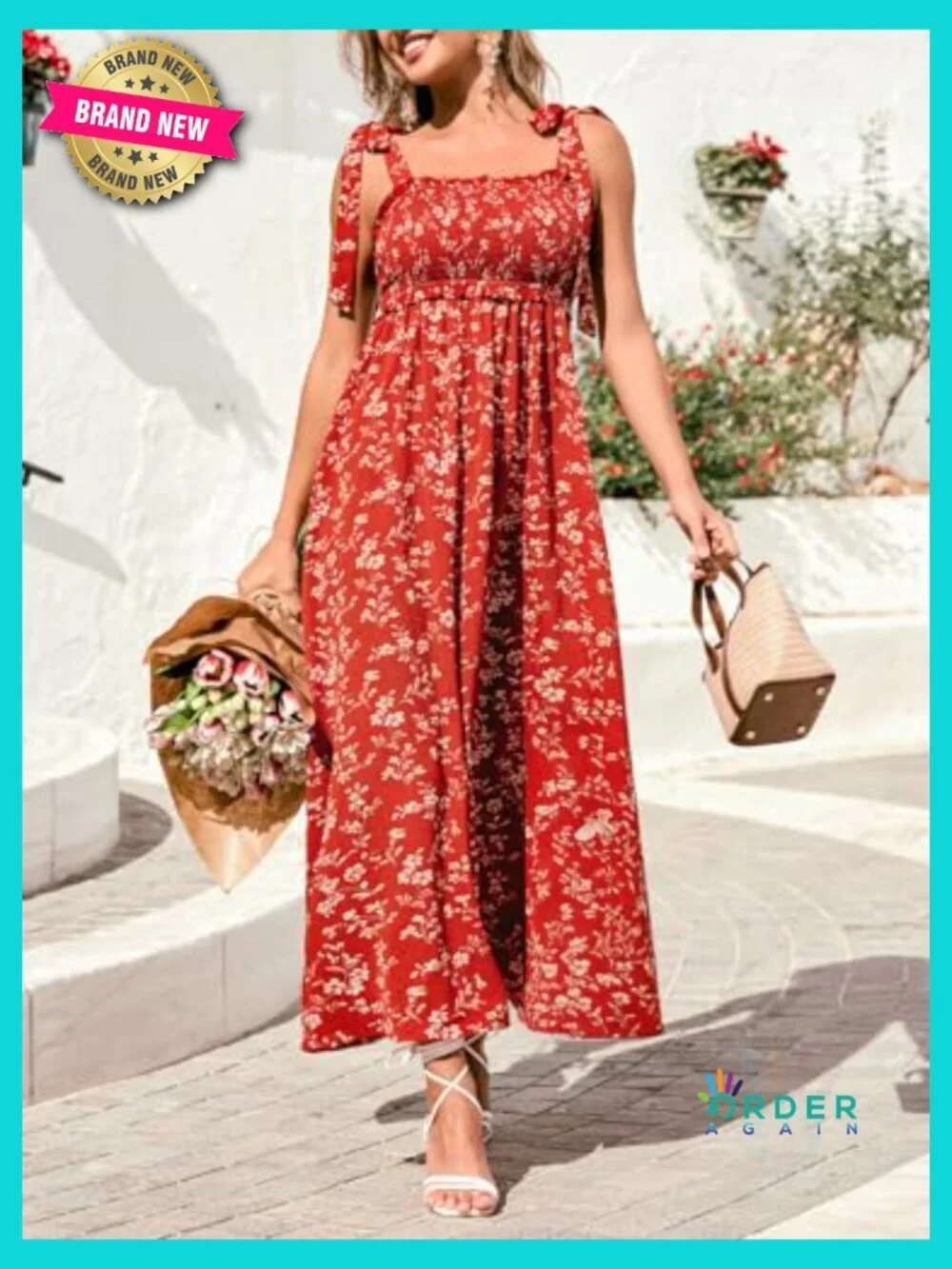 Women's Sleeveless Smocked Midi Sundress Flowy A-Line Casual Beach Summer Dress